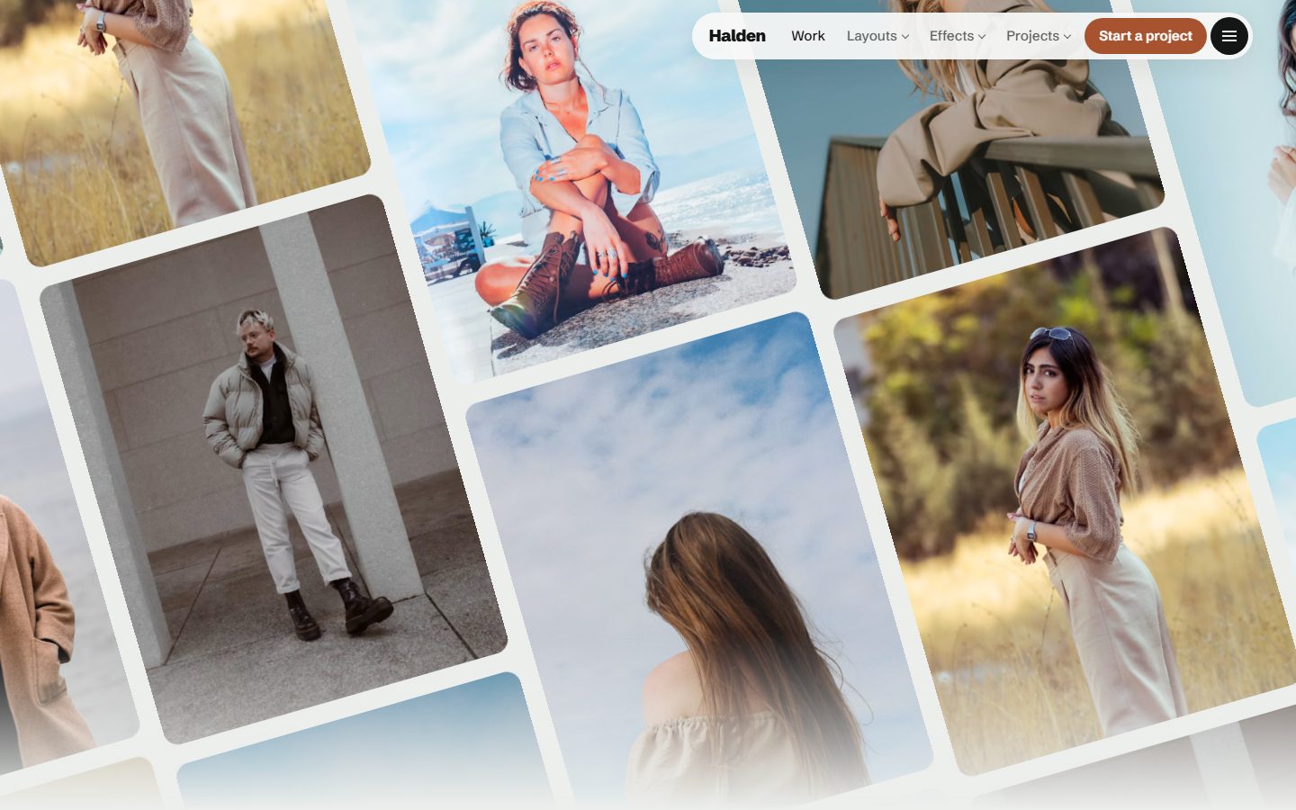 Atelier homepage with the tilted wall of images