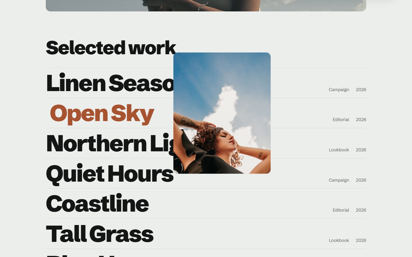 Index layout: large project titles with a preview that follows the pointer